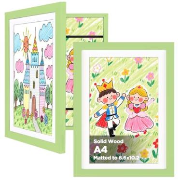 Imagem de KINLINK A4 Conjunto de 2 molduras de arte infantis, de madeira maciça, com abertura frontal de acrílico, comporta 150 imagens, moldura de arte para crianças, com tapete ou sem tapete, verde claro