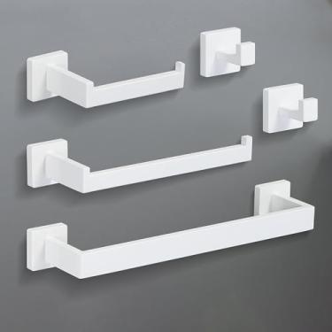 Imagem de Conjunto de acessórios para banheiro creme branco, barra de toalha de aço inoxidável para montagem na parede, anel de toalha, suporte de papel, ganchos, conjunto de acessórios para banheiro, 5 peças