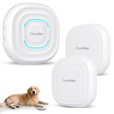 Imagem de ChunHee Campainha de porta de cachorro para treinamento de penico inteligente sem fio para sair, botão LED impermeável IP55, 30 metros, 32 melodias e 5 níveis de volume (1 receptor + 2 botões)