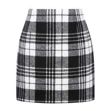 Imagem de Saia Kinghua feminina xadrez de lã, mini bodycon de cintura alta