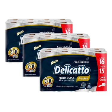 Imagem de Kit 3 Pacotes Papel Higiênico Delicatto Folha Dupla Neutro com 16 Rolos 30 Metros Barato
