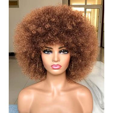 Imagem de HIHOO Peruca afro curta com franja para mulheres negras peruca afro crespo encaracolado afro anos 70 peruca afro sintética grande (marrom)