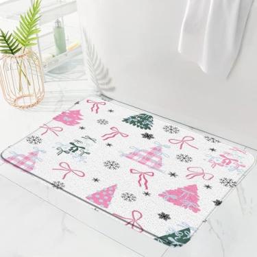 Imagem de Tapete de banho de Natal, árvore de Natal com laços, flocos de neve rosa, capacho de microfibra com espuma de memória, absorvente, tapete para decoração de banheiro, 48 x 75 cm