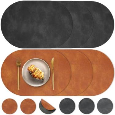 Imagem de Pixieora Jogo americano e porta-copos de couro sintético, lavável, reversível, oval, 30,5 x 43,3 cm, tapetes de mesa de jantar de cozinha antiderrapantes (6, cinza marrom)