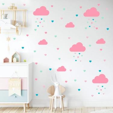 Imagem de Adesivo de Parede Nuvens e Corações Candy Colors Decoração Quarto Sala