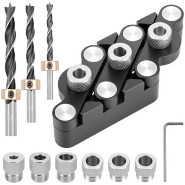 Imagem de LZVXTYM Gabarito de cavilha autocentrante, guia de perfuração de furo de madeira com ferramenta localizadora de 1/4, 5/16, 3/8 polegadas, kit de marcenaria de broca de pino de braçadeira ajustável