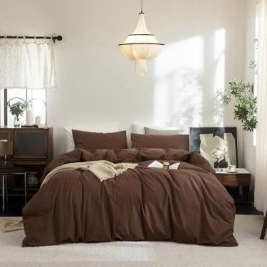 Imagem de FOSSA Conjunto de capa de edredom 100% algodão lavado e linho, super macio, respirável, aconchegante, estilo simples, conjunto de cama de 3 peças, marrom cacau sólido, tamanho king plus