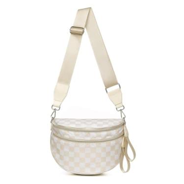 Imagem de DIOMO Bolsas femininas de nylon quadriculadas com zíper prateado, pochete de nylon plus size, bolsa de viagem, Xadrez bege, Large