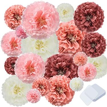 Imagem de Pacote com 40 flores de papel de seda com almofada de gel, 20 peças de flores de papel de rosa empoeirado pompons flores de crisântismo flores faça-você-mesmo decorações de festa bola de papel flor para pano de fundo de casamento chá de noiva
