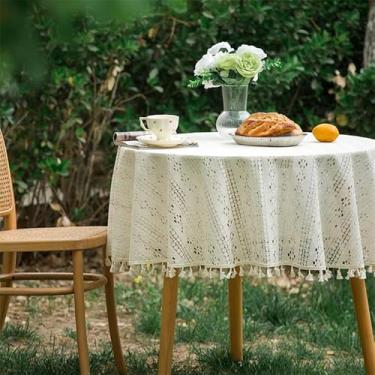 Imagem de AMZALI Toalha de mesa redonda de crochê bege com borlas Boho bordada toalha de mesa com design floral para festa de aniversário, toalha de mesa de jantar 152 cm de diâmetro