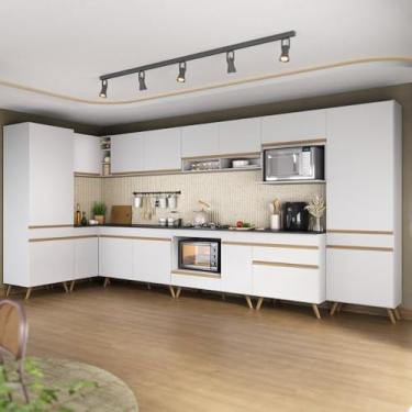 Imagem de Armário de Cozinha Modulada Completa Canto 409cm com Balcão para Cooktop Veneza Multimóveis Mp2303 Branco/dourado