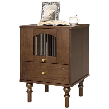 Imagem de Mesa de cabeceira de madeira maciça, mesa de cabeceira moderna de nogueira de meados do século com 2 gavetas, mesas de cabeceira com pernas de madeira maciça, mesa de canto de armazenamento de sofá