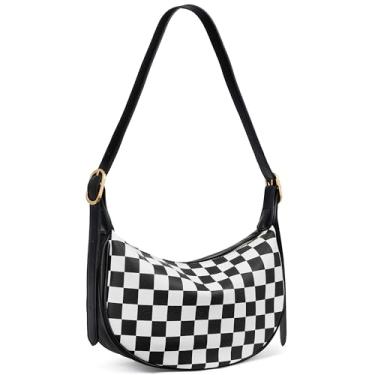 Imagem de BOSTANTEN Bolsas femininas pequenas transversais, bolsa de ombro crescente, bolsa Hobo com alça ajustável, Tabuleiro xadrez preto e branco pequeno
