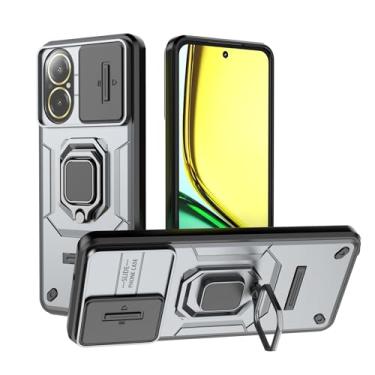 Imagem de SORAKA Capa para realme C67 com suporte para anel e tampa deslizante para câmera Capa realme C67 com placa de metal para suporte magnético para carro Capa de camada dupla em PC e TPU