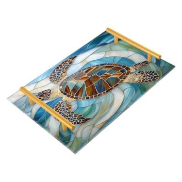 Imagem de Bandeja para banheiro organizador de bancada de vidro tartaruga marinha oceano náutico costeiro organizador de vaidade de banheiro para perfume, maquiagem, balcão de cozinha, decoração de mesa de