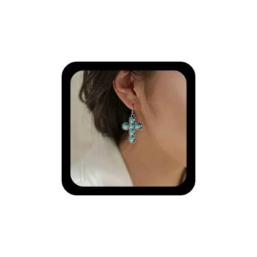 Imagem de Aneneiceera Brincos pendentes de cruz turquesa vintage brincos grandes de cruz azul grandes brincos de gota turquesa brincos longos de gancho de crucifixo joias para mulheres