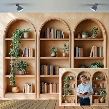 Imagem de 2,1 x 1,5 m de fundo arqueado biblioteca moderna livros plantas de escritório videoconferência fotografia home office reuniões decorações internas faixa de foto adereços