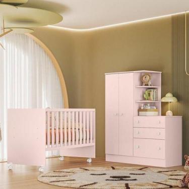 Imagem de Quarto de Bebê com Berço Reto e Roupeiro Rosa Qmovi