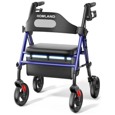Imagem de Andador Dobrável para Idoso, com Assento, Rodas Grandes de 20 cm para Todos os Terrenos, Altura Ajustável e Suporta até 158 kg, HOMLAND