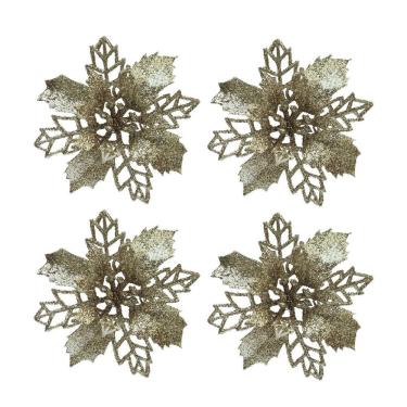 Imagem de Jogo 4 Flores Bico De Papagaio Champanhe Natal Pick Glitter 9cm Com Presilha - Magizi