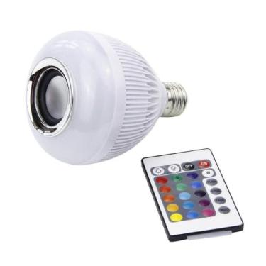 Imagem de Lâmpada Musical De Led RGB Colorida Bluetooth Caixa De Som Bivolt Com Bocal E-27 Para Quartos Salas Escritório E Festas + Controle Remoto Premium