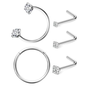 Imagem de Hoeudjo Anel de nariz em ferradura 18G de aço cirúrgico, argolas articuladas para nariz, 1,5 mm/2 mm/2,5 mm, anel de narina de cristal transparente para mulheres e homens, Metal, Zircônia cúbica