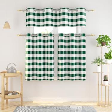 Imagem de Conjunto de 3 peças de cortinas e sanefas Buffalo Check Kitchen Tiers xadrez guingão top clássico pequeno café cortinas country fazenda café banheiro 137.2 cm x 45.7 cm/81.3 cm x 91.4 cm verde escuro