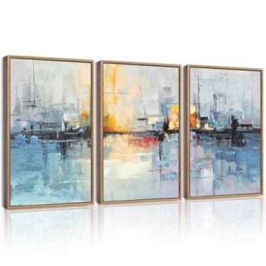 Imagem de KUVIOKE Tela emoldurada azul marinho abstrata arte de parede em forma de grafite pastel decoração de parede pintura moderna minimalista para quarto sala de jantar 40 x 61 cm (moldura natural)