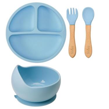 Imagem de Kit Buba Prato Bowl Talheres Silicone Bambu Alimentação Bebê, Azul