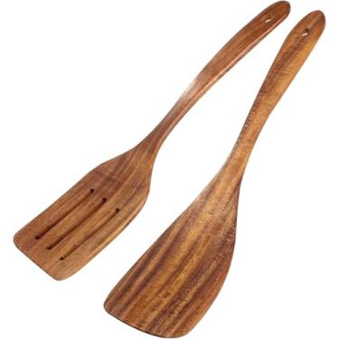 Imagem de Conjunto de espátulas de 2 peças para panelas antiaderentes, material de madeira, utensílios de cozinha, espátula plana e espátula tripla para cozinhar virar