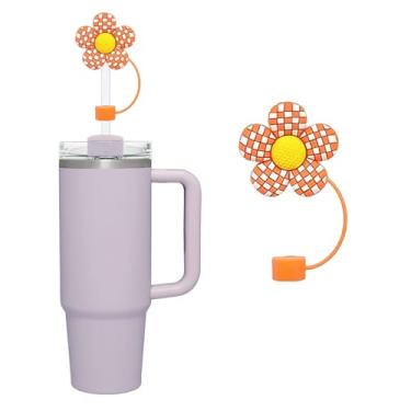 Imagem de Topper de palha de flores laranja de 10 mm para copo Stanley, tampa de palha fofa, tampa de cobertura de palha para copo Stanley de 850 g 1,134 g, topo de palha à prova de respingos, acessórios de