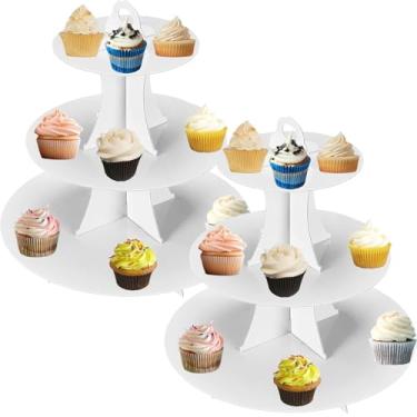 Imagem de 2 peças, suporte branco para cupcake de 3 camadas, papelão – fácil de montar e reutilizável (borda redonda branca)