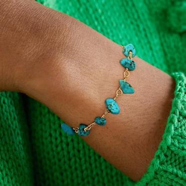 Imagem de Pulseira feminina com pingente de ouro banhado a ouro 14K com pedras turquiosas artesanais delicadas ajustáveis, Medium, Latão, Sem Pedra Preciosa