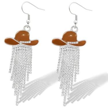Imagem de Western Cowgirl Chapéu Esmaltado Brilhante Strass Borla Brincos Pendentes Baile Country Concertos Rodeio Cowboy Roupas Joias Presente para Mulheres, One size, Liga de aço, Sem pedra preciosa