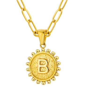 Imagem de Colar com pingente circular inicial A-Z, joia personalizada de aço inoxidável com bordas decorativas, adequado para mulheres, F, Aço inoxidável, Sem Pedra Preciosa