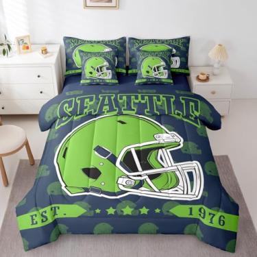 Imagem de Erosebridal Jogo de cama solteiro com estampa de futebol americano, futebol americano, 7 peças, para crianças e adultos, temática de rúgbi, para esportes de rúgbi, verde (Seattle)