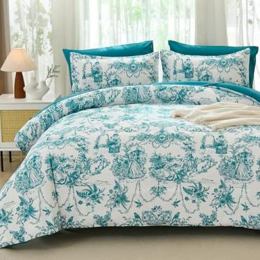 Imagem de Xruibed Conjunto de edredom king azul-petróleo com 7 peças, cama botânica Toile de Jouy em um saco, conjunto de edredom boêmio, com lençol, fronhas, fronhas de microfibra macia para todas as estações