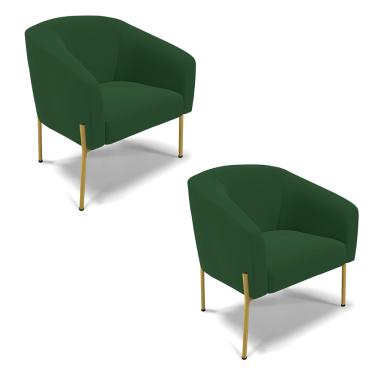 Imagem de Poltrona Decorativa Pé de Ferro Dourado Kit 2 Stella Veludo Verde D03 - D'Rossi