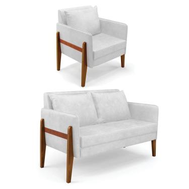 Imagem de Kit 1 Sofá Namoradeira E 1 Poltrona Lana Corano Branco Base De Madeira - D'Rossi