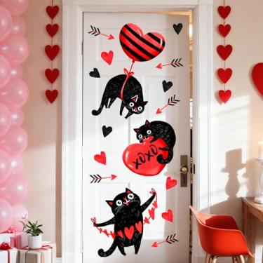 Imagem de Mfault Adesivos de porta de gato preto para Dia dos Namorados, corações vermelhos do amor, flecha, decalques removíveis, presentes para donos de animais de estimação, presente romântico, aniversário