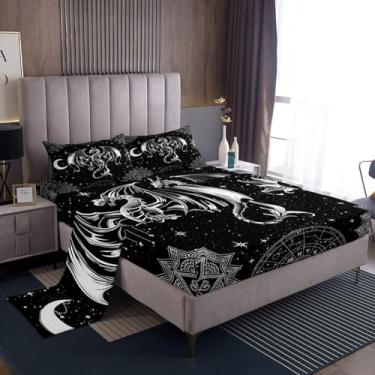 Imagem de Jogo de lençol infantil de dragão, animais misteriosos, constelação de lótus boêmio, céu estrelado, decoração de casa com bolso profundo, lençol de cima, tamanho solteiro