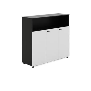 Imagem de Armário de Arquivos Armário baixo de madeira com divisória para escritório, três portas, fechadura, para armazenamento dados, branco e preto