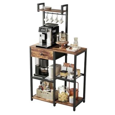 Imagem de Usumairu Rack para padeiros de cozinha, suporte de micro-ondas com armazenamento, suporte ajustável para barra de café de 6 níveis, rack de padeiro com gaveta e ganchos, prateleira de armazenamento de