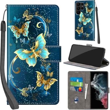 Imagem de Salanheo Capa carteira para Samsung Galaxy S23 Ultra, com [3 compartimentos para cartões], fecho magnético com suporte, capa protetora flip de couro PU à prova de choque 17.3 cm 2023, borboleta verde