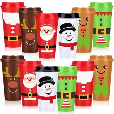 Imagem de Potchen 12 peças de copos de café reutilizáveis de Natal para presente a granel de 473 ml copos de café de plástico com tampa para Natal, bebidas quentes e frias, Papai Noel, boneco de neve, pão de