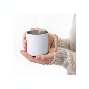 Imagem de Caneca Térmica 400ml Parede Dupla com Alça de Bambu Branca - Café e Chá