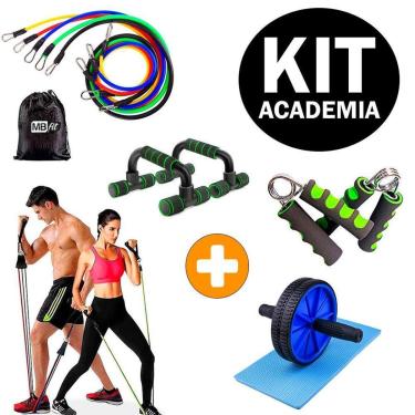 Imagem de Kit Elásticos Extensores 11 Peças + Hand Grip + Roda Abdominal + Barra de Apoio para Flexão-Unissex