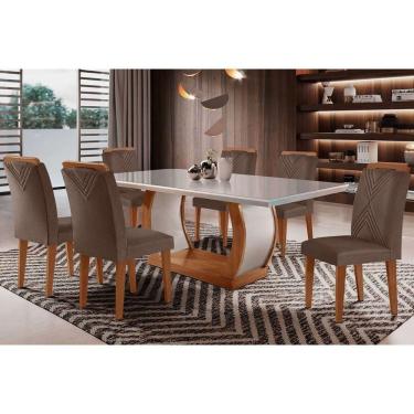 Imagem de Sala De Jantar Completa Jade Tampo Madeirado C- Vidro Curvo 180x90 E 6 Cadeiras Amsterdã Capuccino-suede Capuccino - Rufato