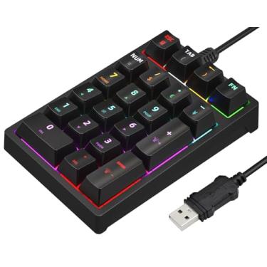 Imagem de Gurjot Teclado numérico mecânico com fio USB com teclado numérico com iluminação colorida de 21 teclas para laptop, desktop, PC, preto (interruptores azuis)