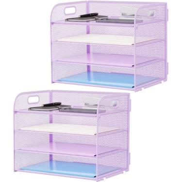 Imagem de Marbrasse Pacote com 2 bandejas organizadoras de papel de 4 camadas – organizador de arquivos de mesa de malha com alça, organizador de papel para suporte de pasta de arquivo de carta/A4 (roxo, 32 x